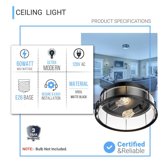 Drum Shape Flush Mount Ceiling Light, Matte Black Finish, Ceiling Lighting Fixture for Kitchen, Hallway, Bathroom, E26 Base