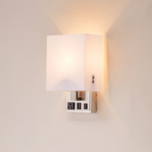 Load image into Gallery viewer, wall sconce light fixtures, Dimension: W7&quot;xD4&quot;xH11&quot;, 1 USB,1 switch, and 1 outlet, Satin Nickel Finish with White shade