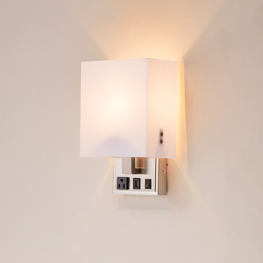 wall sconce light fixtures, Dimension: W7"xD4"xH11", 1 USB,1 switch, and 1 outlet, Satin Nickel Finish with White shade