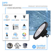 Load image into Gallery viewer, Gen13 UFO LED High Bay Light, 200W, 4000K, 28,600LM, AC120-277V, IP65 Waterproof, UL, DLC Listed, 0-10V Dimmable, Plug &amp; Play Lighting for Warehouse Workshop Factory Barn Garage Area Lighting Fixture