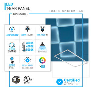 2x4 FT LED T-Bar Panel Light, 40W/50W/60W Wattage Adjustable, 3000K/4000K/5000K CCT Changeable, Dimmable, 6600LM, ETL & DLC Listed, Perfect For Offices, Schools, Hospitals