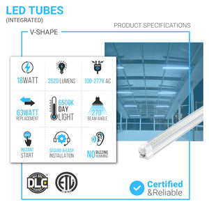 2FT LED Shop Light, V Shape Integrated T8 LED Tube Light 2FT, 18W, 6500K, 2520LM, Clear, AC100-277V, Plug and Play, Linkable, ETL UL Listed